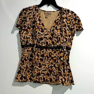 I E brown tan pink black 100% silk top. Size small.